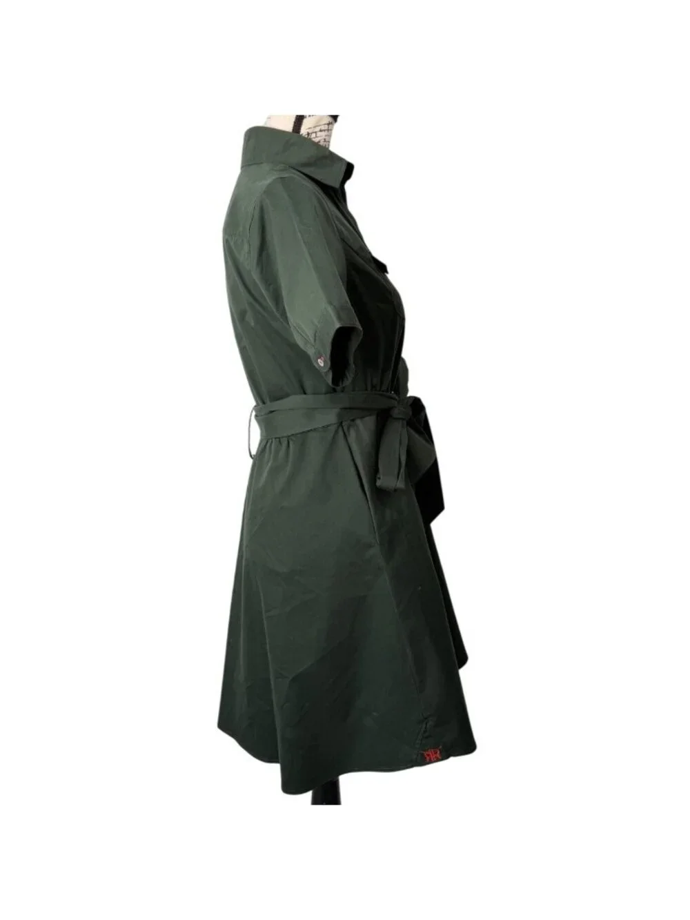 Double R Ravi Ratan Women Sz S Shirt Dress Green Belted Short Sleeve Button-Up - Picture 2 of 6